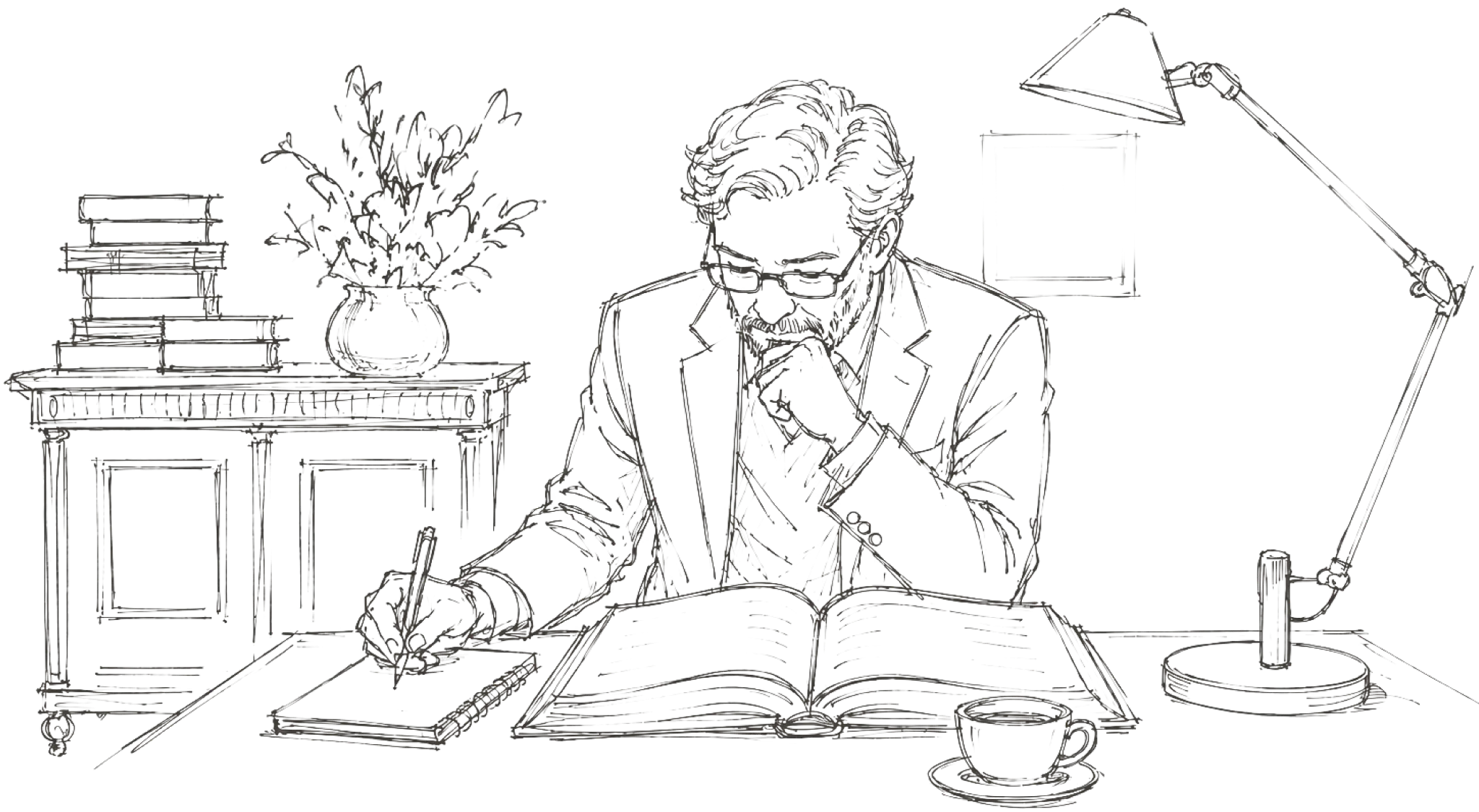 Scholar at desk with books and lamp — editorial illustration